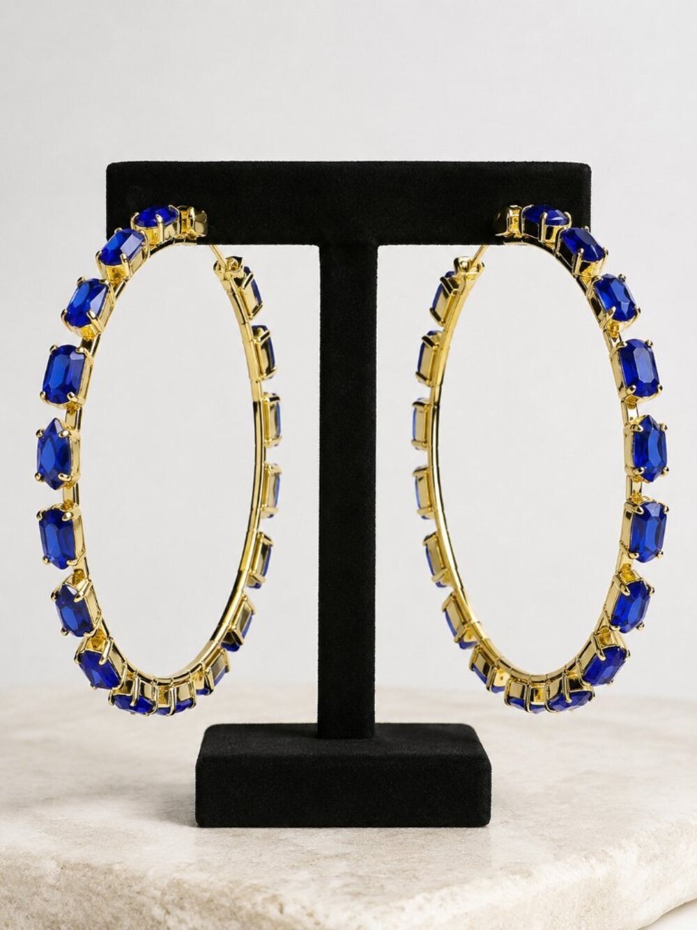 HUGE Blue Crystal Baquette Teardrop Eterna-Dip Gold 4" Wide 100mm Hoop Earrings